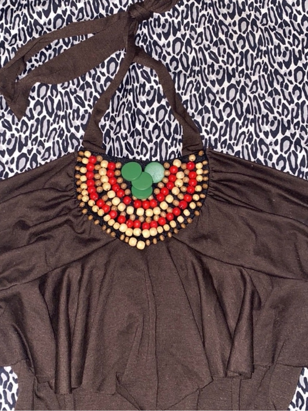 Dots Brown Halter Camisole with Red, Green & Cream Bead Detail